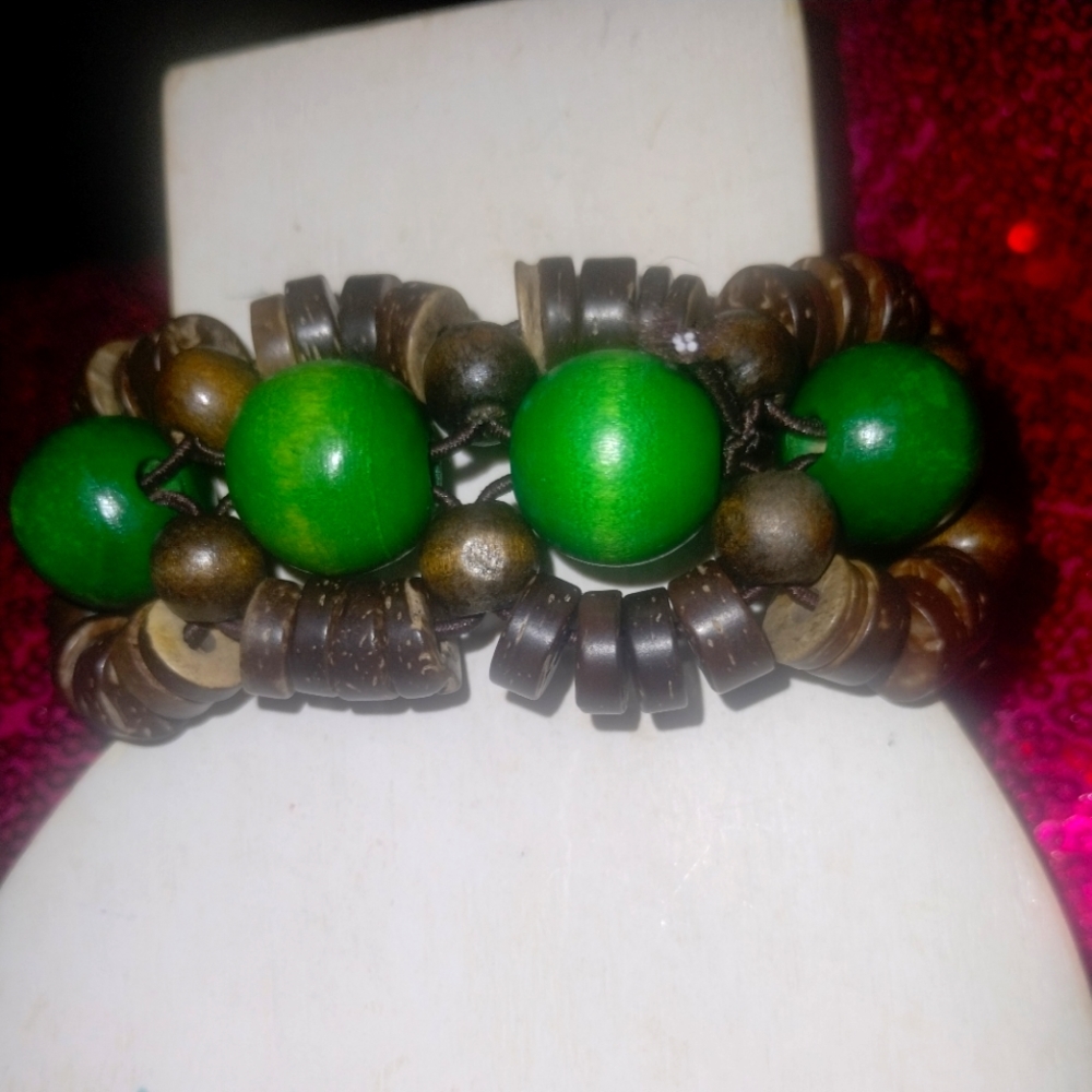 Paparazzi wood stretchy bracelet green/brown 🤎